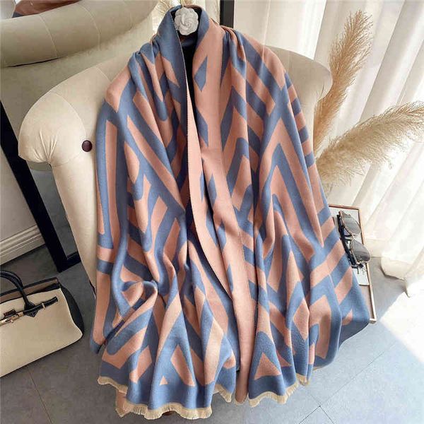 

70% off design scarf ins autumn and winter imitation cashmere women's korean geometric pattern temperament with bib for warmth air cond, Blue;gray