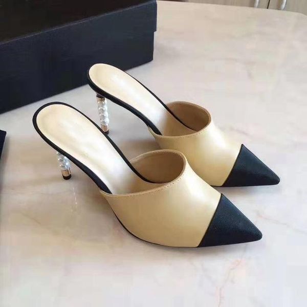 

spring/summer 2021 style, pointy stiletto matching color bag toe slippers, pearl and temperament slippers, Black