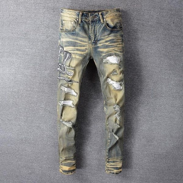 

men's jeans casual vintage streetwear slim fit men 2021 autumn embroidery rider hole pants trendy skinny, Blue