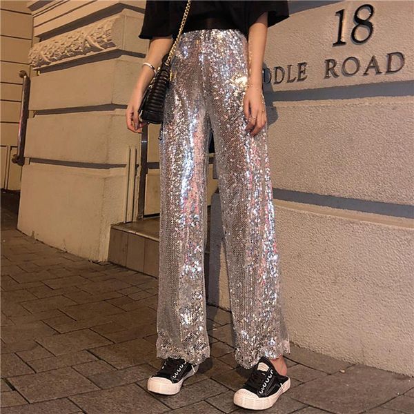

women's pants & capris fashion women trousers glittering sequins casual wide legged high waist vintage slim long loose sweatpants drop, Black;white
