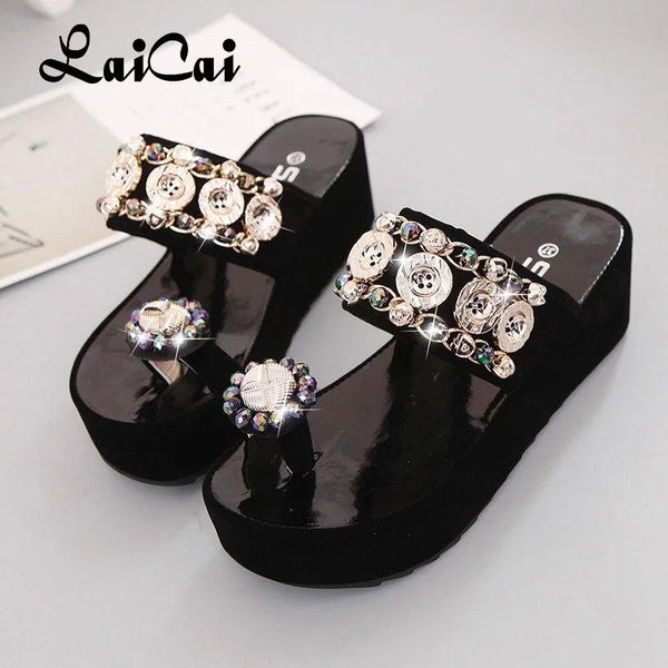 

slippers 2021 fashion rhinestone women's shoes muffin comfortable platform sandals toe covering, Black