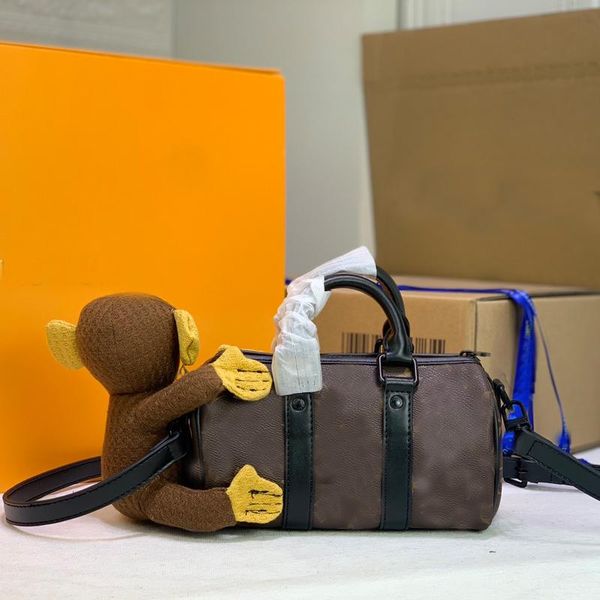 Bolsa de ombro feminina bolsa de mão de alta qualidade clássica com estampa de letras moda macaco boneca lona preta couro genuíno zíper detacha242m