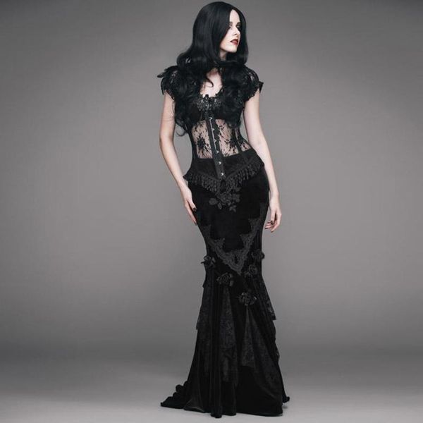 

women's vintage goth skirt with train skirts, Black