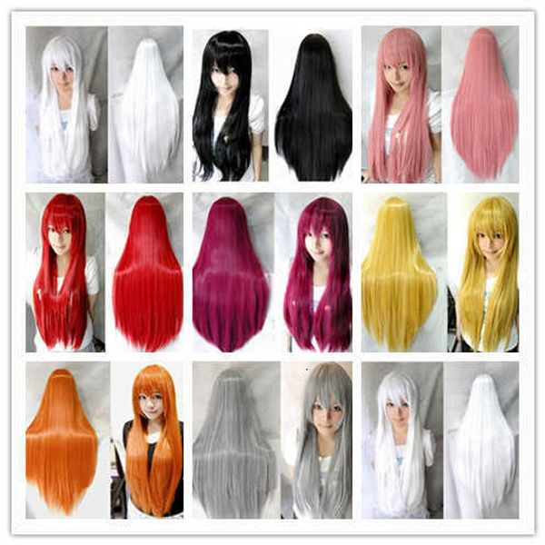 

cosplay cos color long straight hair head cover animation wig 80cm, Black
