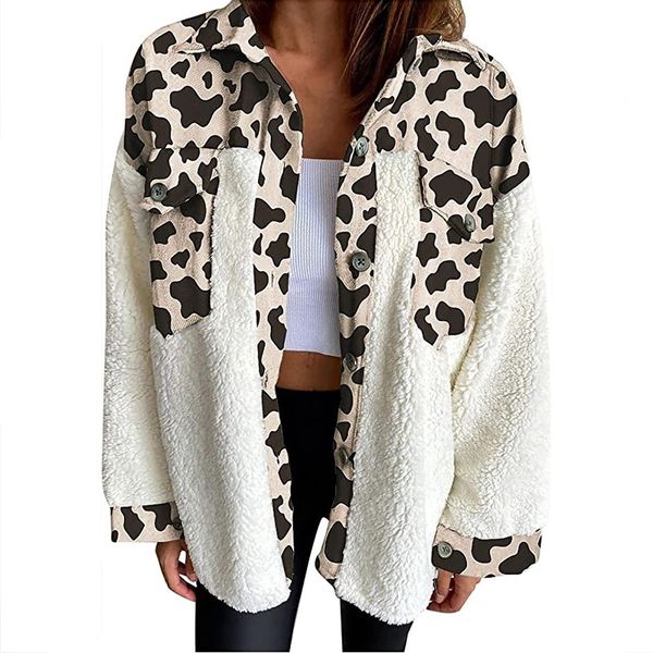 

new leopard print stitching coat feminine warm plush coat long sleeve single breasted women's coat, Black;red