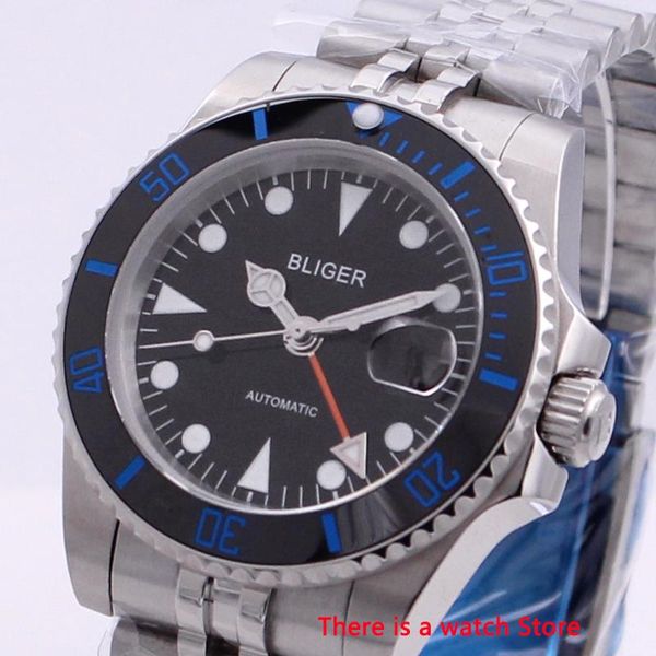 

wristwatches bliger 40mm automatic mechanical men watch business sapphire crystal gmt luminous waterproof calendar wristwatch, Slivery;brown