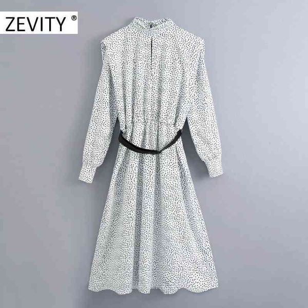 

zevity women vintage stand collar dots print sashes midi dress office lady long sleeve vestido chic business dresses ds4416 210419, Black;gray