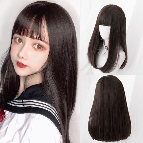 

straight wigs with bangs natural brown 47cm synthetic heat resistant fales hair women cosplay lolita daily party1, Black