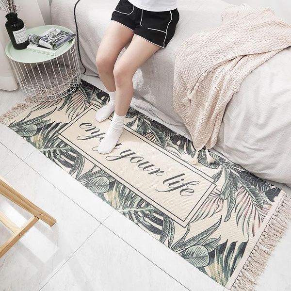

carpets simple nordic hand-woven tassel cotton floor mat ins strip home bedroom non-slip bedside carpet