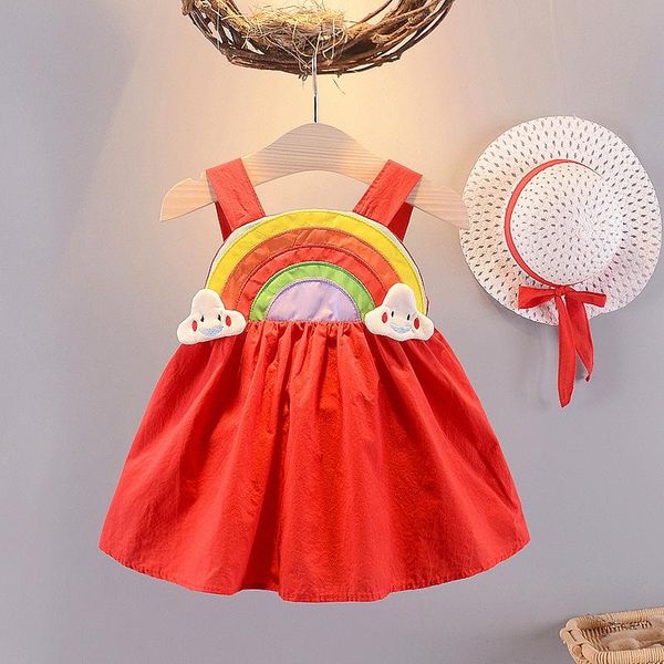 

girl's dresses baby girl summer rainbow cloud suspender dress with hat princess birthday, Red;yellow