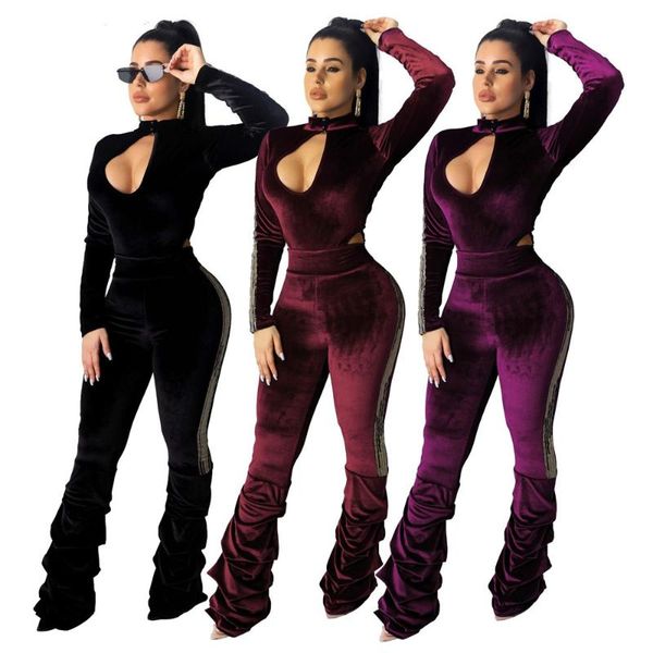 

women's jumpsuits & rompers tmustobe winter velvet women hollow out pleated party club overalls autumn long sleeve o-neck outfits, Black;white