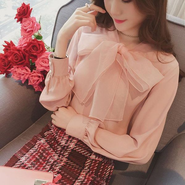

women's blouses & shirts ladies korean elegant women long sleeve organza blouse 2021 spring summer bow shirt office white femme blusas