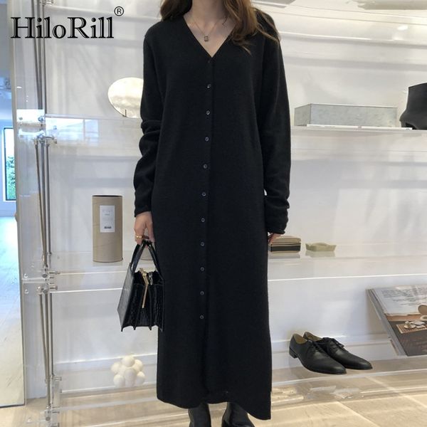 

solid casual knitted long dress women autumn v neck button up sleeve split hem elegant es vestidos 210508, Black;gray