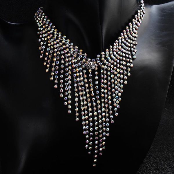

chokers mogaku fashion v-shaped choker necklace full crystal rhinestone long tassel for women ladies party wedding jewelry sexy, Golden;silver