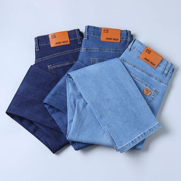 

men's jeans 2021 summer autumn fitted straight thin classic style leather badge youth fashion casual lightweight stretch, Blue