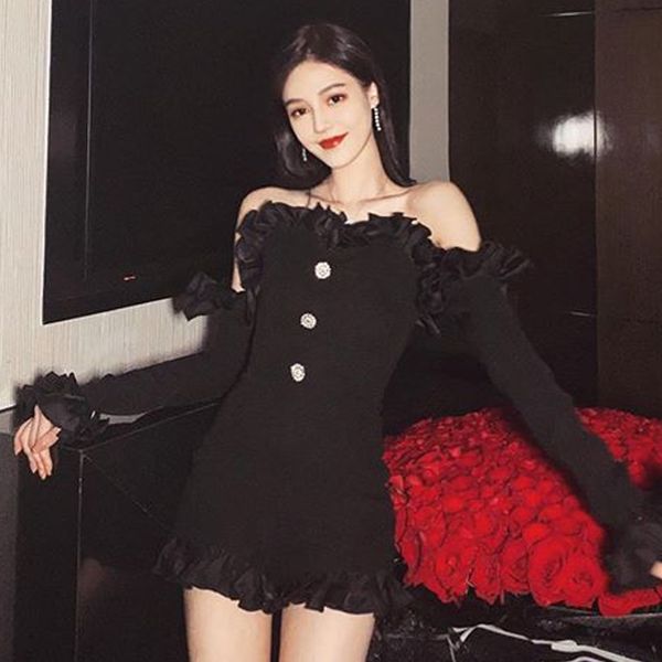 

romper adyce autumn women off shoulder bandage mini dress ruffles black club celebrity runway party dresses, Black;white