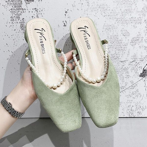 

ladies slippers elegant low heel women mules slip-on flock bead office shoes pumps green, Black