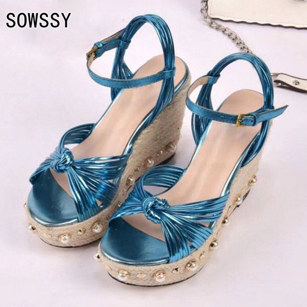 

70% off wholesale flip-flops summer new heightened women's sandals wild sponge cake thick bottom slope with beading pearl decor style o, Black