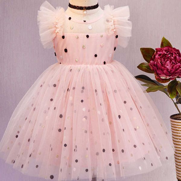 2021 neue Sommer Party Kleider Kleidung Für Mädchen Bestickt Polka Dot Mesh Kleid Kinder Kleidung Mädchen Prom Kleid Q0716