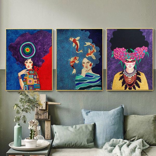 

paintings abstract colorful girl wall art painting canvas, nordic poster, flower, frames, pictures for living room, vintage,frameless