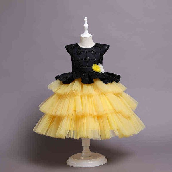 

2022 cake lace flower kids wedding dress for girls baptism children clothing evening birthday princess dress party gown vestidos g1215, Red;yellow