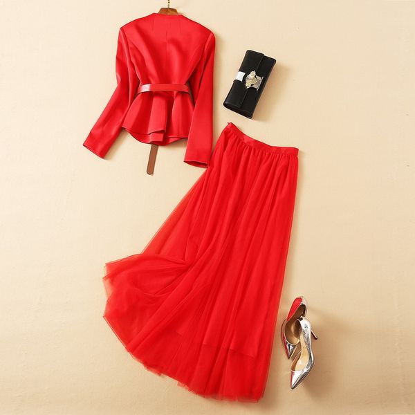 

skirt est fashion clothing sets spring blazer suit women v-neck single breasted coat jacket+ tulle mesh red skirt set, White