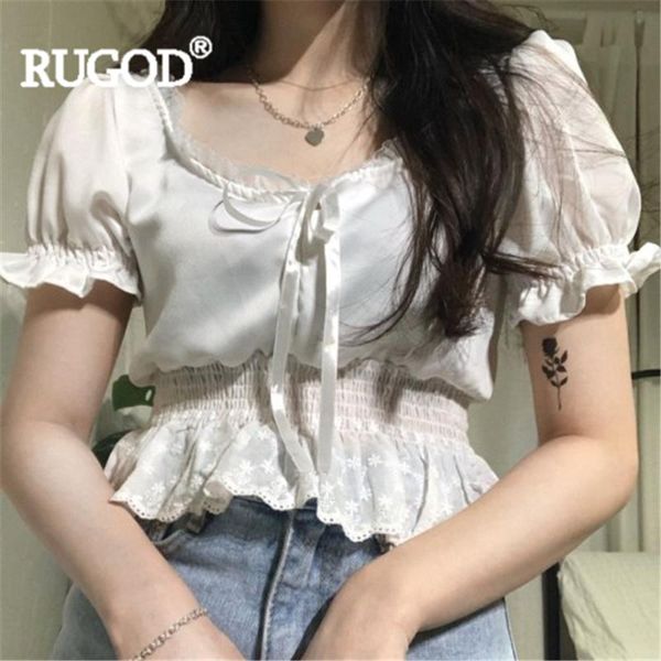 

women solid blouse tie lace puff sleeve slim square collar high waist sweet shirt 2021 summer fashion female vintage women's blouses &, White