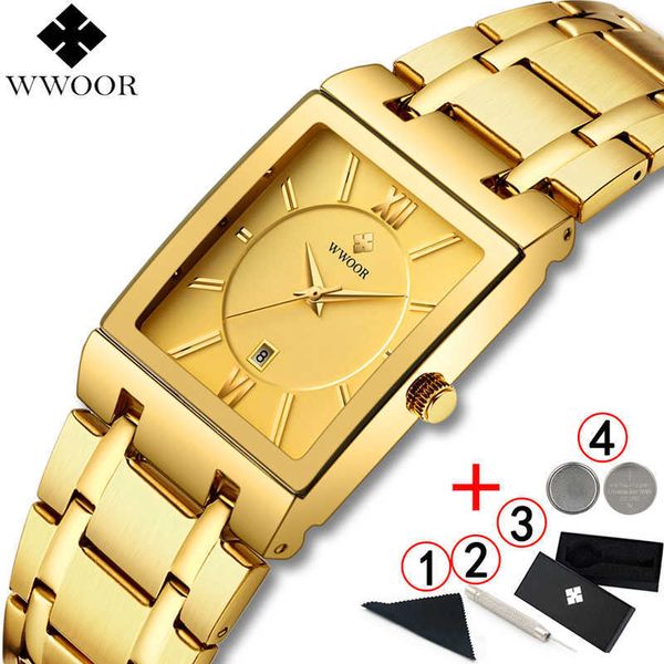 WWOOR Herrenuhren Top-Marke Luxus Business Goldene Armbanduhr Herren Quadrat Quarz Gold Uhren Mann Relogio Masculino 210527