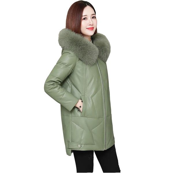 

women's leather & faux detachable fur collar hooded jacket women thick plus size imitation cotton clothing long outerwear parka, Black