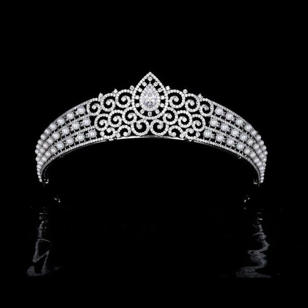 

hair clips & barrettes european style large zircon pearl bridal crown micro inlaid 3a cz wedding tiaras high-end accessories hq0319, Golden;silver
