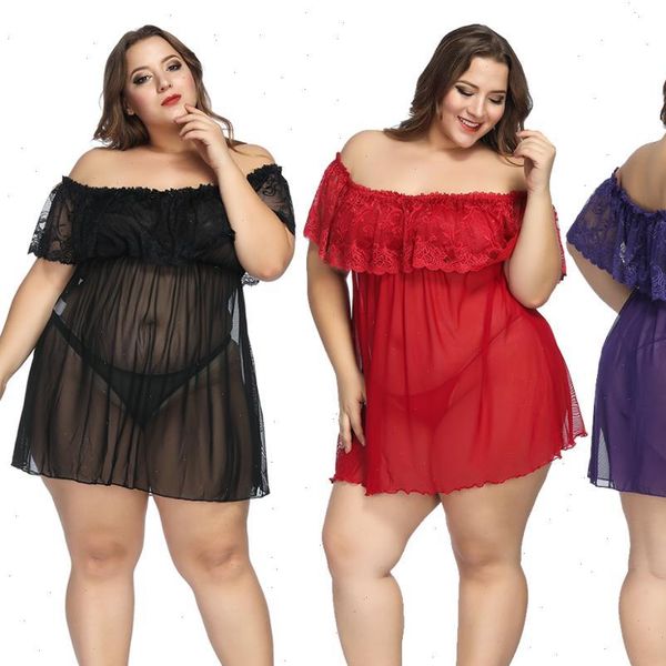 

lingerie night gown erotic women sleepwear lace dress hollow out pijama with thong g string plus size 6xl, Black;red