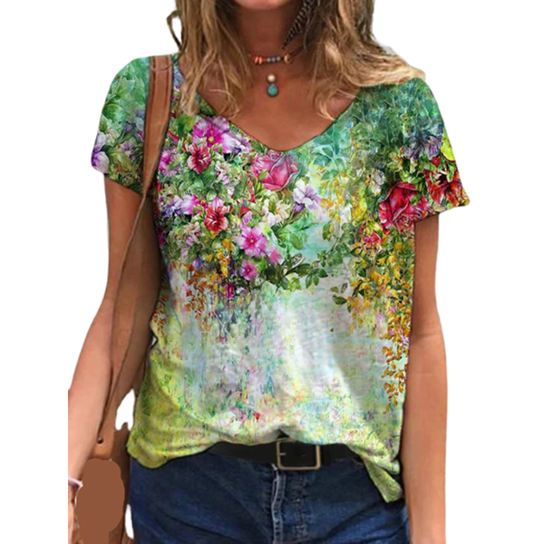

women 3d floral print polyester t-shirt plus size loose short sleeve v neck casual streetwear summer basic tee 5xl, White