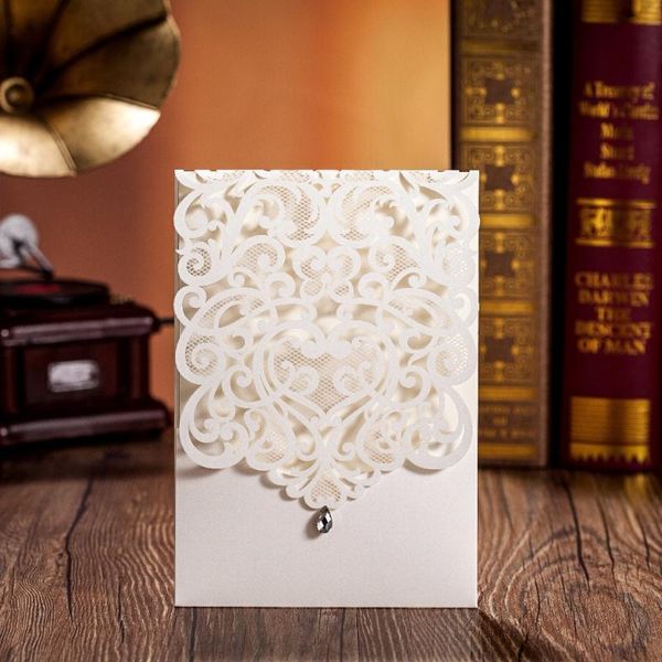 

greeting cards wishmade 50pcs vertical white elegant engagement card wedding invitation with rhinestone laser cut flowers cw5001