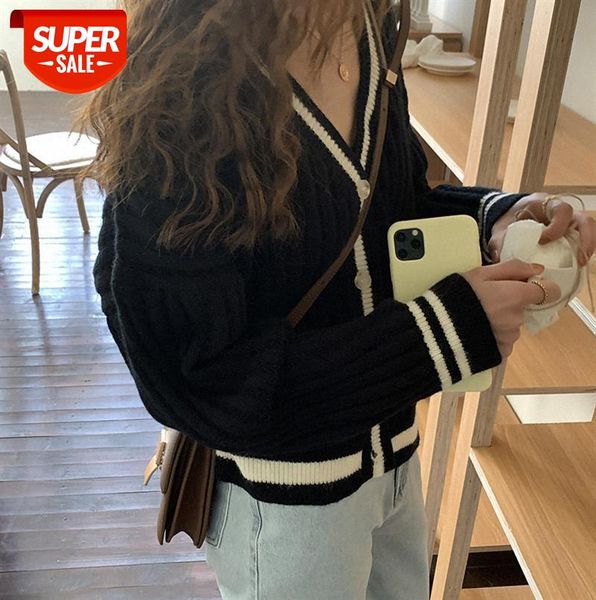 

[huang zheng] contrasting color hollow v-neck knitted cardigan women korean style loose lazy sweater jacket m8538 #yh0p, Black;gray