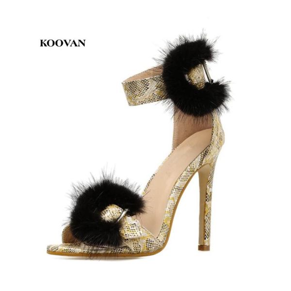 

koovan women's pumps 2021 ladies shoes women sandals summer snake armpit fur high-heeled rome sandal, Black