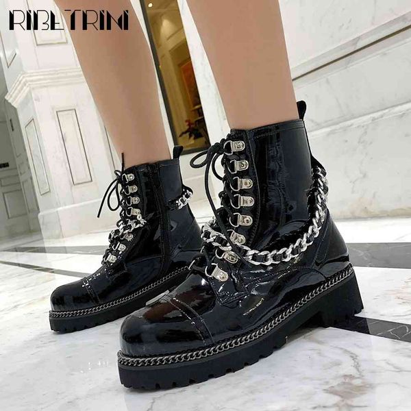 

boots cool girl buckle shoes lace wees chunky ankle solid round toe metal chain women designer boots, Black
