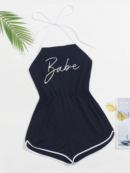 

letter graphic self tie halter romper y9nu#, White