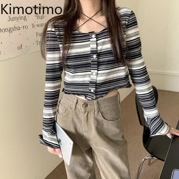 

women's t-shirt kimotimo striped short crop women spring design cross halter be careful tees ins empire navel base t shirts street sty, White