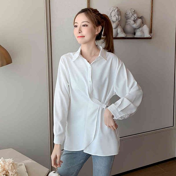 

long sleeves female loose harajuku shirt blouse women irregular hem two wear clothes button 921e 210420, White