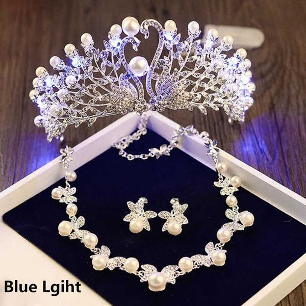 Meninas festa de aniversário luz tiara coroa colar brincos jóias conjuntos de casamento nupcial tiaras jóias mulheres acessórios de cabelo HG158 H1022