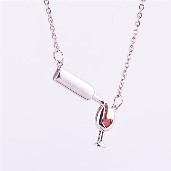

pinksee est creative red heart wine bottle pendant necklace for women wineglass girls personality party jewelry gift bijoux necklaces, Silver