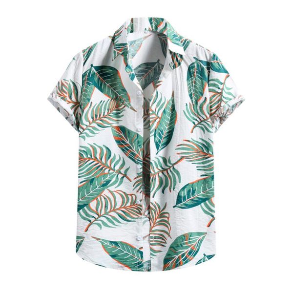 

men's casual shirts summer men leaf printed shirt short sleeve turn-down collar streetwear chic loose mens hawaiian 2021 vacation camis, White;black