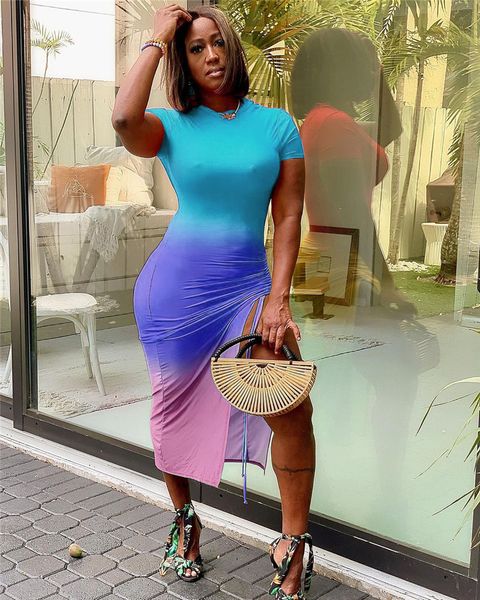 

women gradient color dresses fashion trend short sleeve high waist skinny half skirts designer summer female rope opening casual slim dress, Black;gray