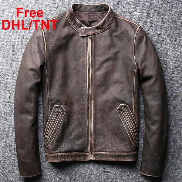 

men's leather & faux dhl/tnt vintage genuine goat skin pilot bomber motorcycle biker jackets male solid color, Black
