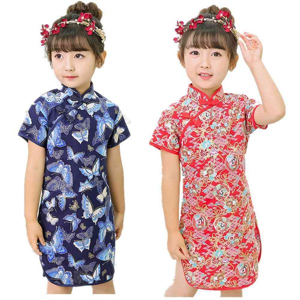 Хлопок Детская девочка Свадебное платье Бабочка Детские Детские Chi-Pao Весенний фестиваль Cheongsam Костюм для девочек Одежда для одежды Qipao Slim Dress 210413