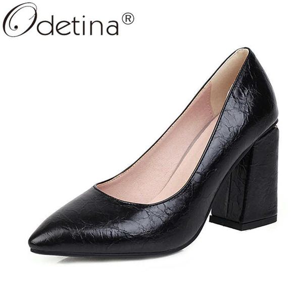 

dress shoes odetina women fashion pleated block high heel shiny female office lady pointed toe slip on non-slip party, Black