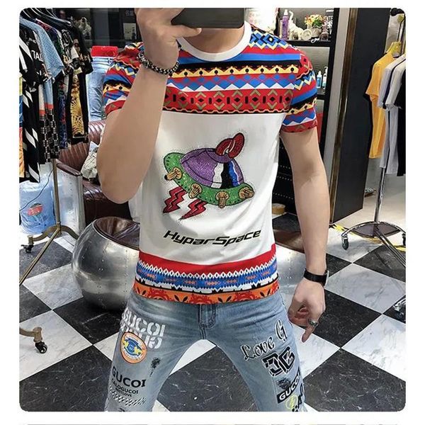 

men's t-shirts t-shirt summer leisure tees printing diamond pattern slim spring short-sleeved round neck fashion youth male shirt, White;black