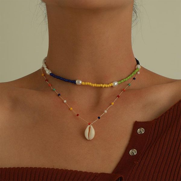 

pendant necklaces bohemian shell necklace fashion layered rainbow color beaded clavicle chain 2021 jewelry, Silver