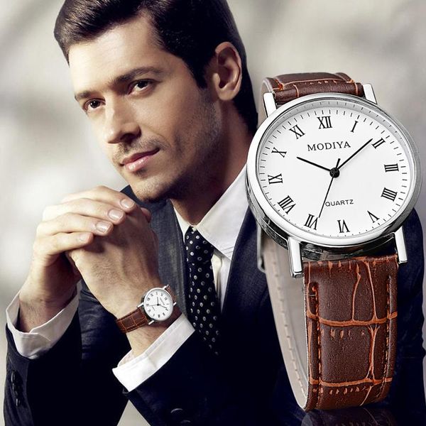 

wristwatches 2021 business men quartz watch roman scale dial leather strap for simple watchwrist gift horloges mannen, Slivery;brown