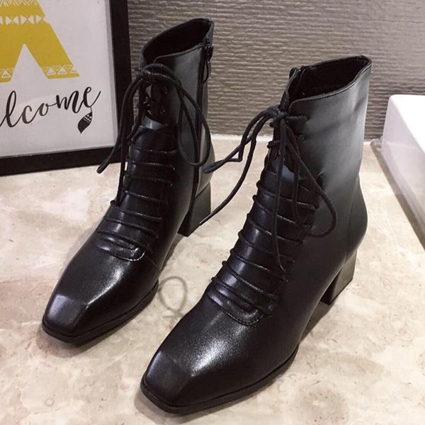 

boots women fashion thick heel ladies ankle causal lace up female square toe short winter woman booties shoes, Black